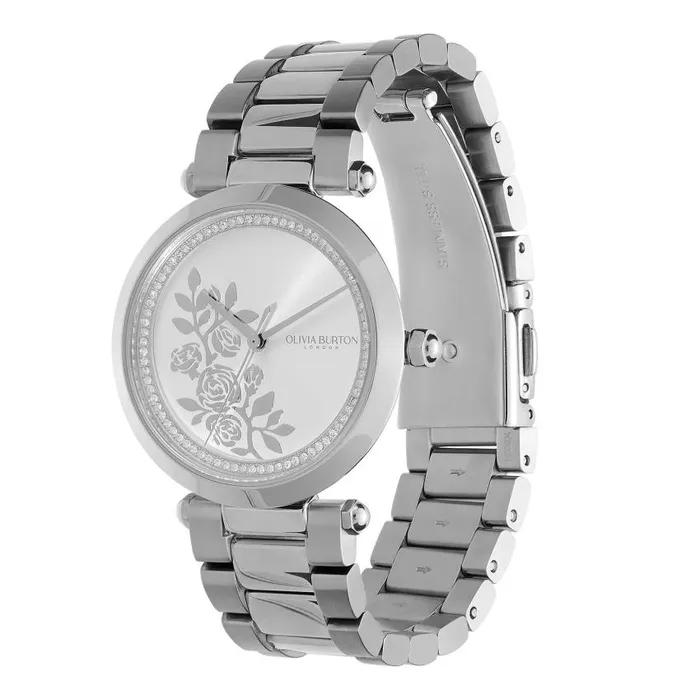Floral Watches Women Olivia Burton 34mm Floral TBar White and Silver Bracelet Watch