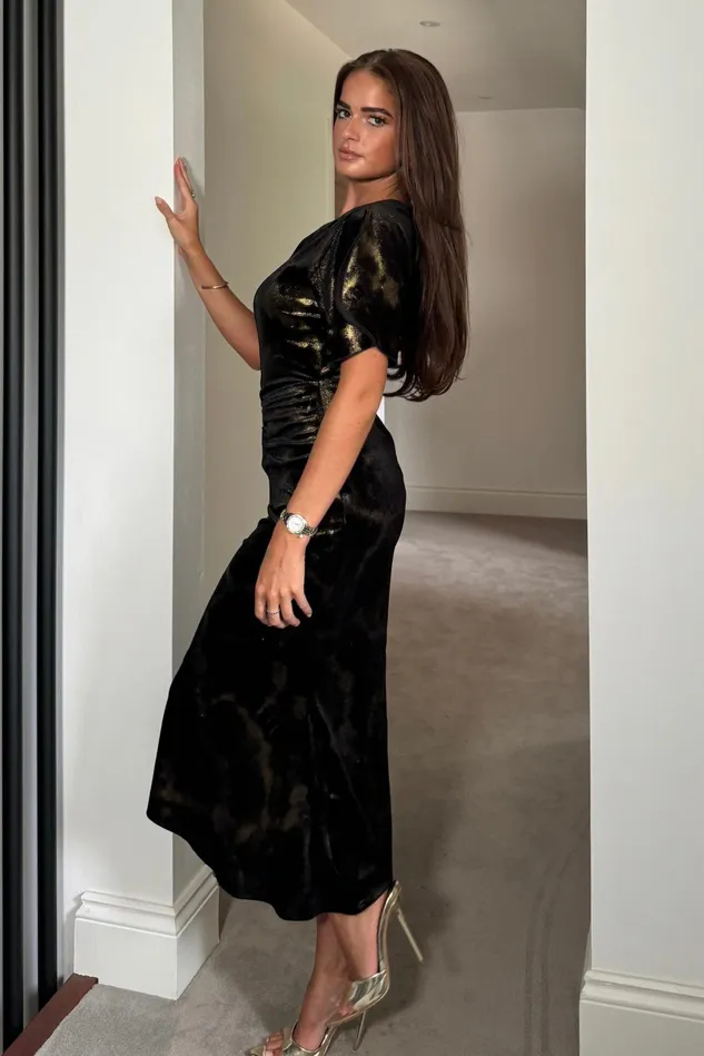 Girl In Mind Bodycon Dresses Cleo Black And Gold Ruched Detail Midi Dress In Velvet 8211 Women