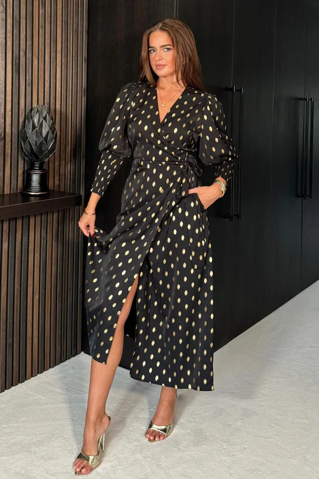 Girl In Mind Bodycon Dresses Devina Shirred Cuff Wrap Dress In Black And Gold Foil 8211 Women Girl In Mind Bodycon Dresses Devina Shirred Cuff Wrap Dress In Black And Gold Foil 8211 Women