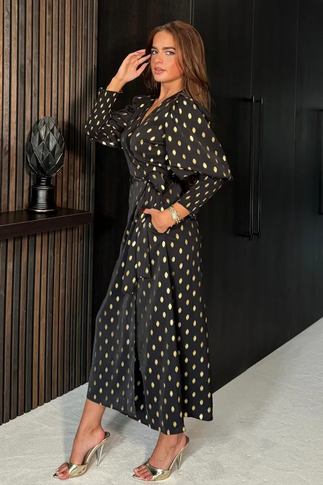 Girl In Mind Bodycon Dresses Devina Shirred Cuff Wrap Dress In Black And Gold Foil 8211 Women