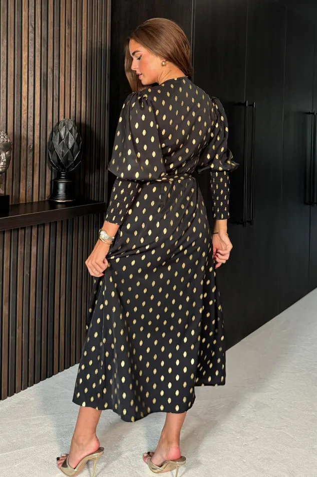 Girl In Mind Bodycon Dresses Devina Shirred Cuff Wrap Dress In Black And Gold Foil 8211 Women