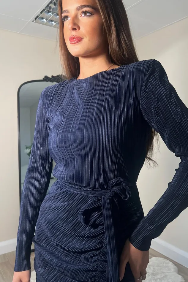 Girl In Mind Bodycon Dresses Elena Long Sleeve Ruched Seamed Midi Dress Navy 8211 Women