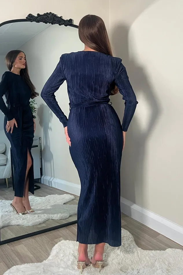 Girl In Mind Bodycon Dresses Elena Long Sleeve Ruched Seamed Midi Dress Navy 8211 Women