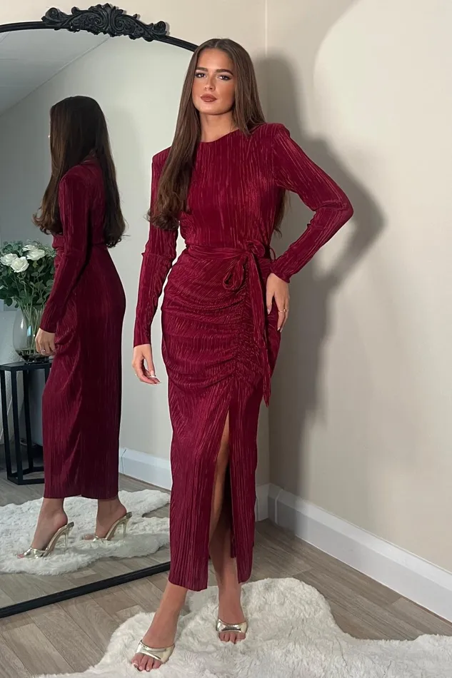 Girl In Mind Bodycon Dresses Elena Long Sleeve Ruched Seamed Midi Dress Wine 8211 Women Girl In Mind Bodycon Dresses Elena Long Sleeve Ruched Seamed Midi Dress Wine 8211 Women
