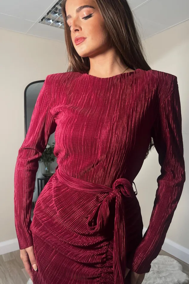 Girl In Mind Bodycon Dresses Elena Long Sleeve Ruched Seamed Midi Dress Wine 8211 Women
