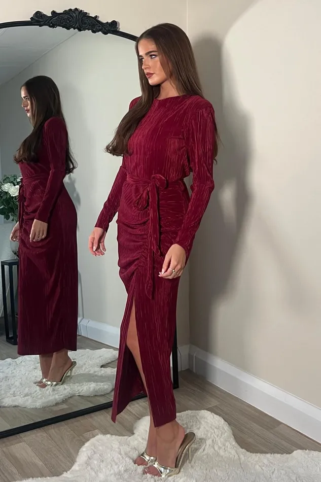 Girl In Mind Bodycon Dresses Elena Long Sleeve Ruched Seamed Midi Dress Wine 8211 Women