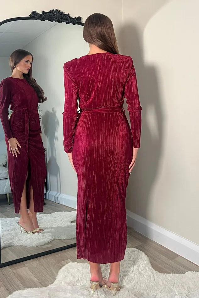Girl In Mind Bodycon Dresses Elena Long Sleeve Ruched Seamed Midi Dress Wine 8211 Women