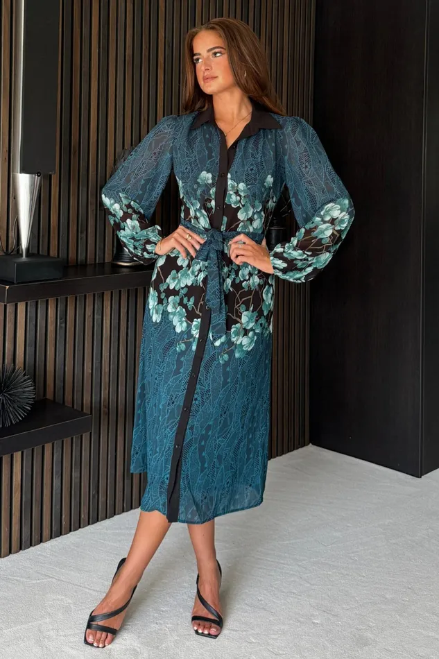 Girl In Mind Bodycon Dresses Kaya Contrast Placket Floral Midi Shirt Dress Green 8211 Women Girl In Mind Bodycon Dresses Kaya Contrast Placket Floral Midi Shirt Dress Green 8211 Women
