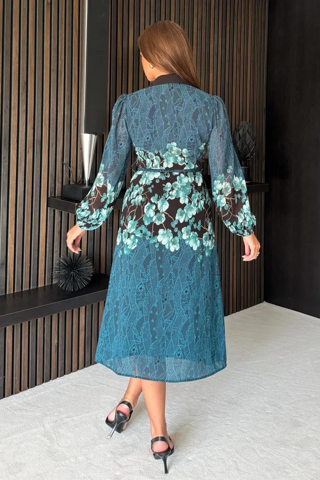 Girl In Mind Bodycon Dresses Kaya Contrast Placket Floral Midi Shirt Dress Green 8211 Women