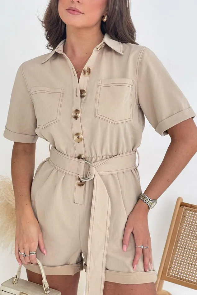 Girl In Mind Jumpsuits and Playsuits Amelia Utility Style Playsuit Tan Contrast Stitch 8211 Women