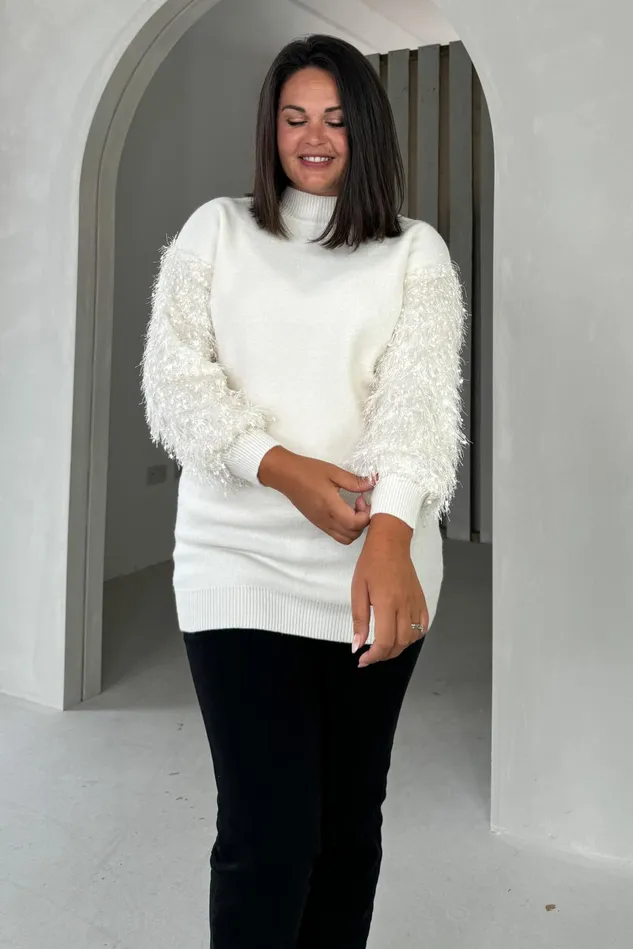 Girl In Mind Knitwear Emmy Cream Knit Textured Sleeve Jumper Dress 8211 Women