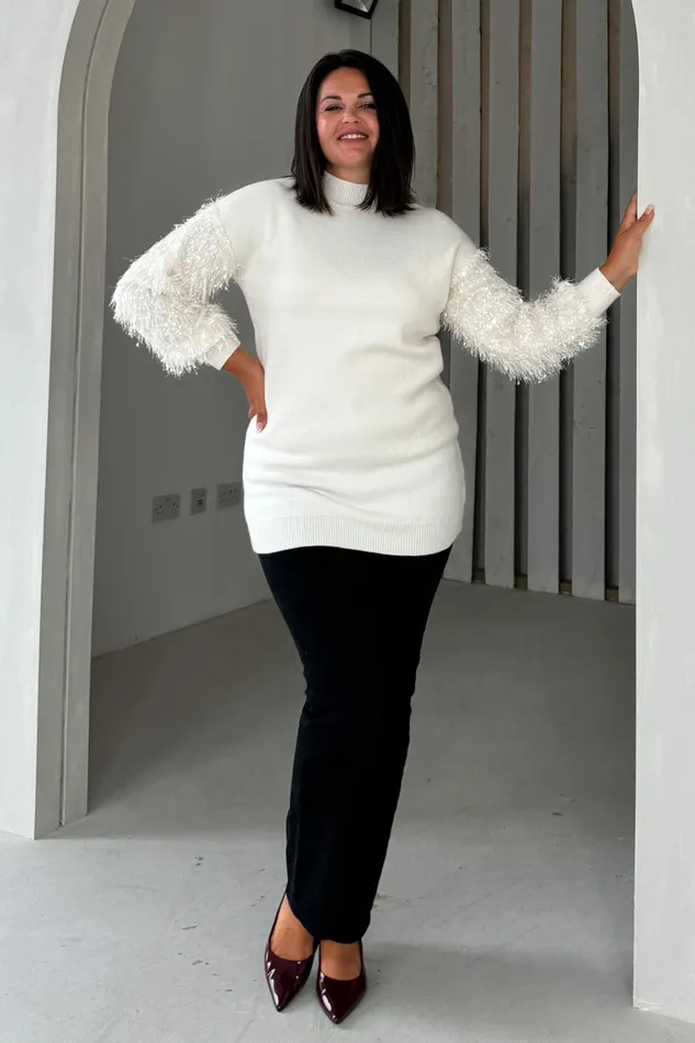 Girl In Mind Knitwear Emmy Cream Knit Textured Sleeve Jumper Dress 8211 Women