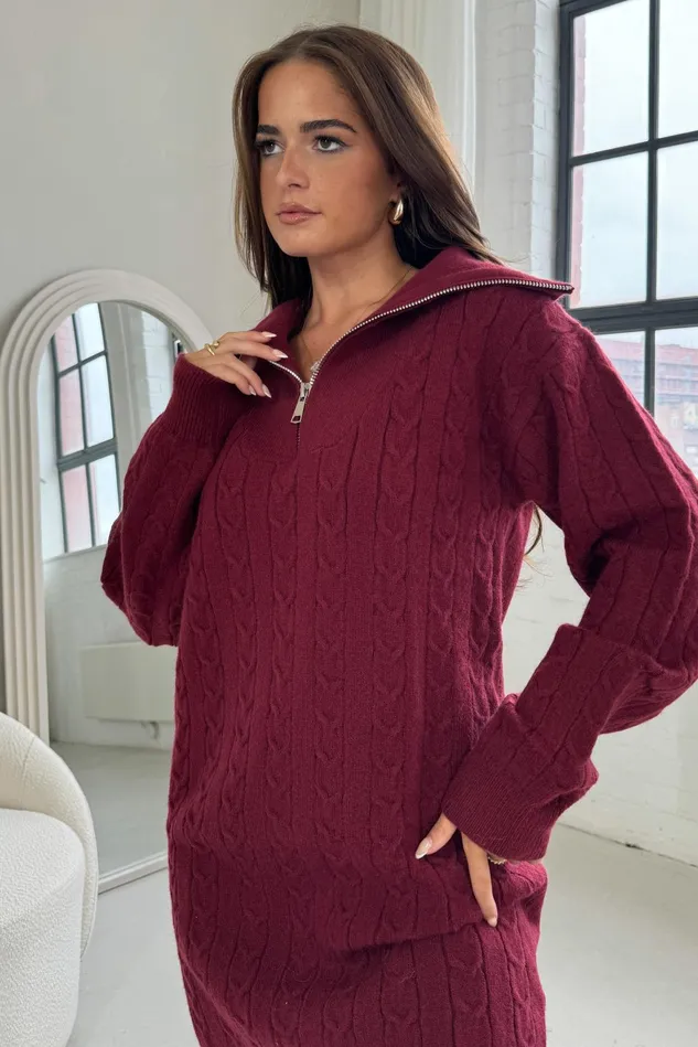 Girl In Mind Knitwear Hayes 14 Zip Wine Cable Knit Jumper Dress 8211 Women