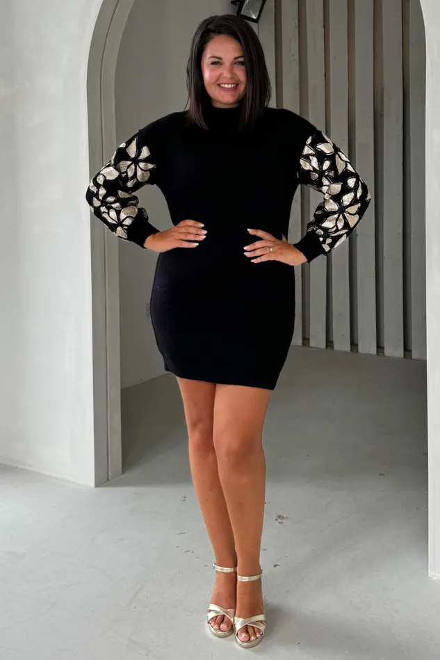 Girl In Mind Knitwear Lori Black Knit Floral Sleeve Jumper Dress 8211 Women