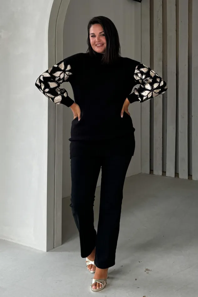 Girl In Mind Knitwear Lori Black Knit Floral Sleeve Jumper Dress 8211 Women