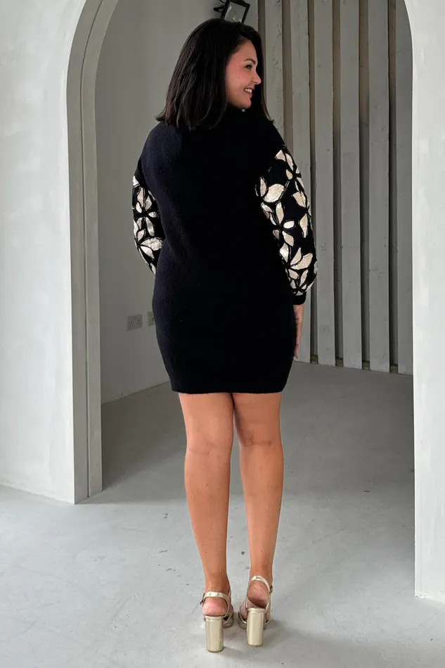 Girl In Mind Knitwear Lori Black Knit Floral Sleeve Jumper Dress 8211 Women
