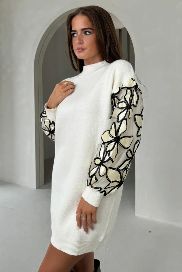 Girl In Mind Knitwear Lori Cream Knit Floral Sleeve Jumper Dress 8211 Women