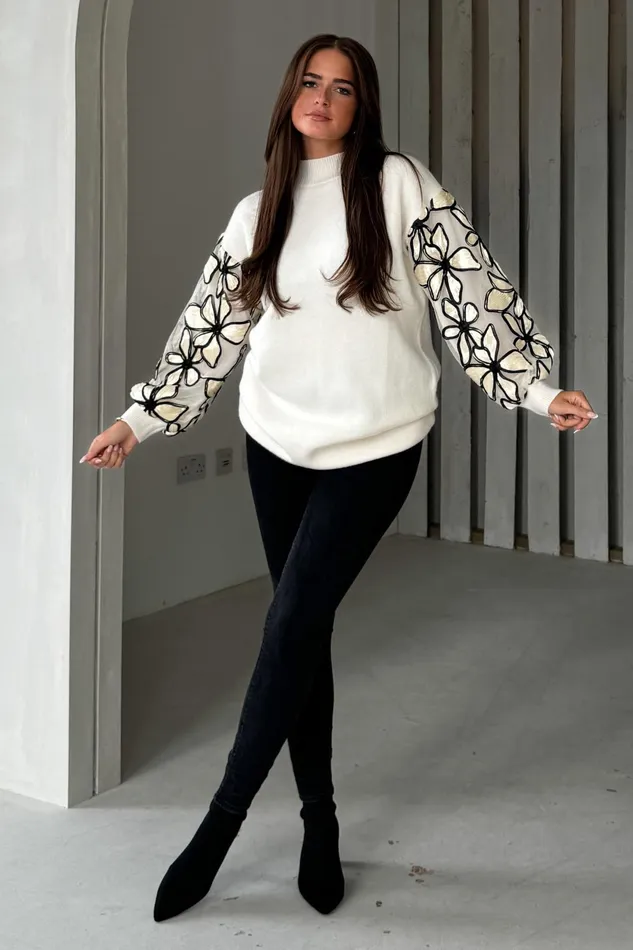 Girl In Mind Knitwear Lori Cream Knit Floral Sleeve Jumper Dress 8211 Women