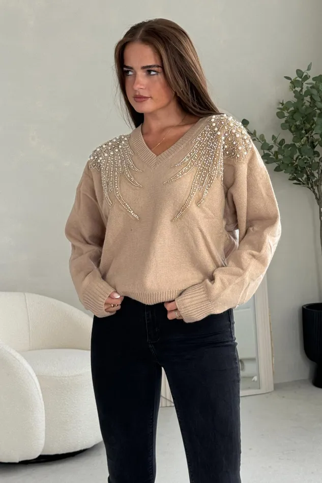Girl In Mind Knitwear Sia Camel Knit With Pearl and Sequin Wing Detail Jumper 8211 Women Girl In Mind Knitwear Sia Camel Knit With Pearl and Sequin Wing Detail Jumper 8211 Women