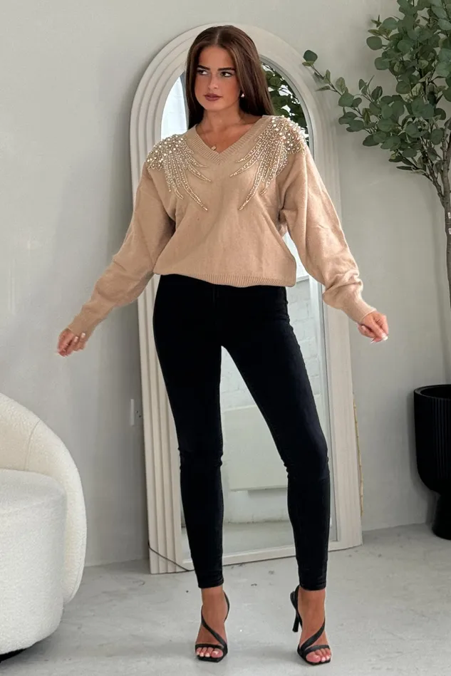Girl In Mind Knitwear Sia Camel Knit With Pearl and Sequin Wing Detail Jumper 8211 Women Girl In Mind Knitwear Sia Camel Knit With Pearl and Sequin Wing Detail Jumper 8211 Women
