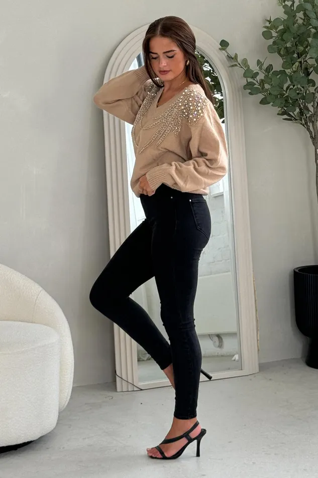 Girl In Mind Knitwear Sia Camel Knit With Pearl and Sequin Wing Detail Jumper 8211 Women Girl In Mind Knitwear Sia Camel Knit With Pearl and Sequin Wing Detail Jumper 8211 Women