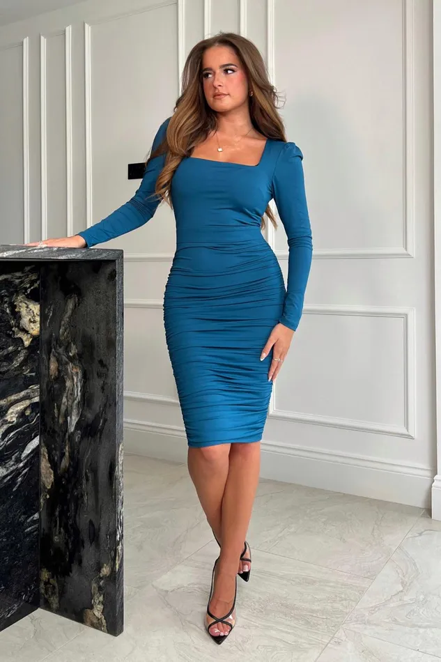 Girl In Mind Long Sleeve Dresses Capri Teal Square Neck Midi Dress 8211 Women