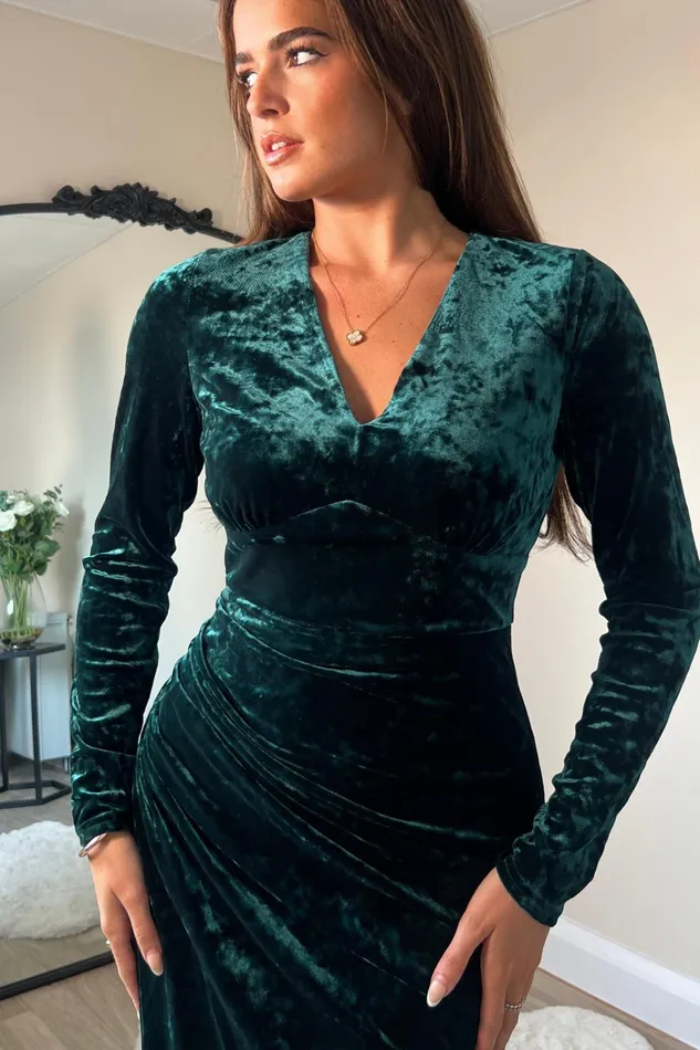 Girl In Mind Long Sleeve Dresses Hailey Green Velvet Asymmetric Wrap Midi Dress 8211 Women