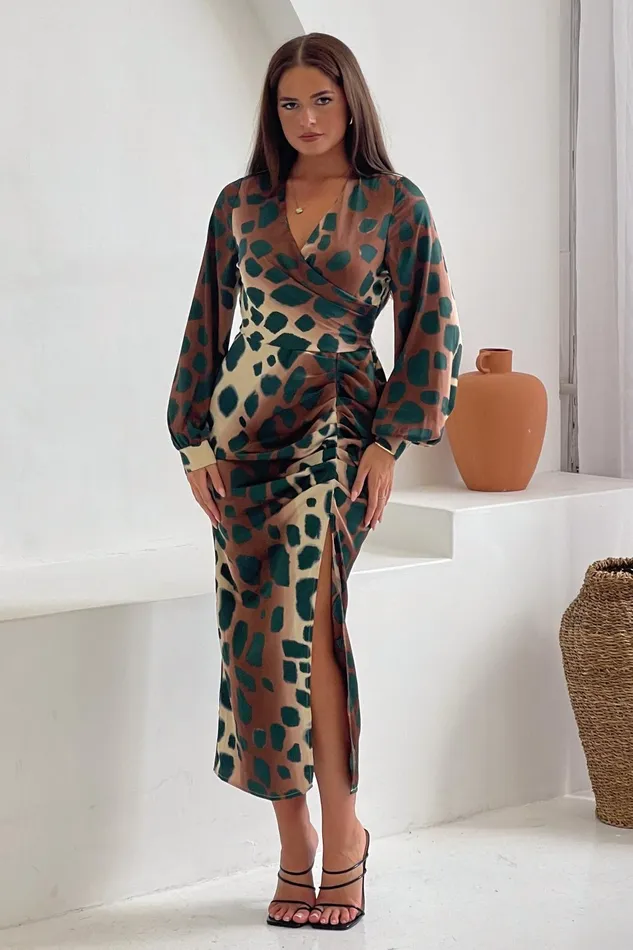 Girl In Mind Long Sleeve Dresses Inez Mixed Animal Ruched Long Sleeve Midi Dress 8211 Women Girl In Mind Long Sleeve Dresses Inez Mixed Animal Ruched Long Sleeve Midi Dress 8211 Women