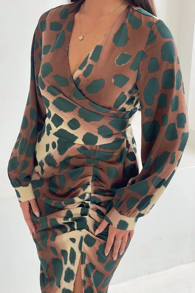 Girl In Mind Long Sleeve Dresses Inez Mixed Animal Ruched Long Sleeve Midi Dress 8211 Women