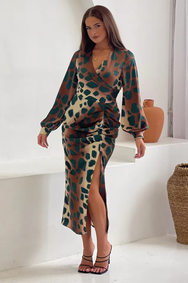 Girl In Mind Long Sleeve Dresses Inez Mixed Animal Ruched Long Sleeve Midi Dress 8211 Women