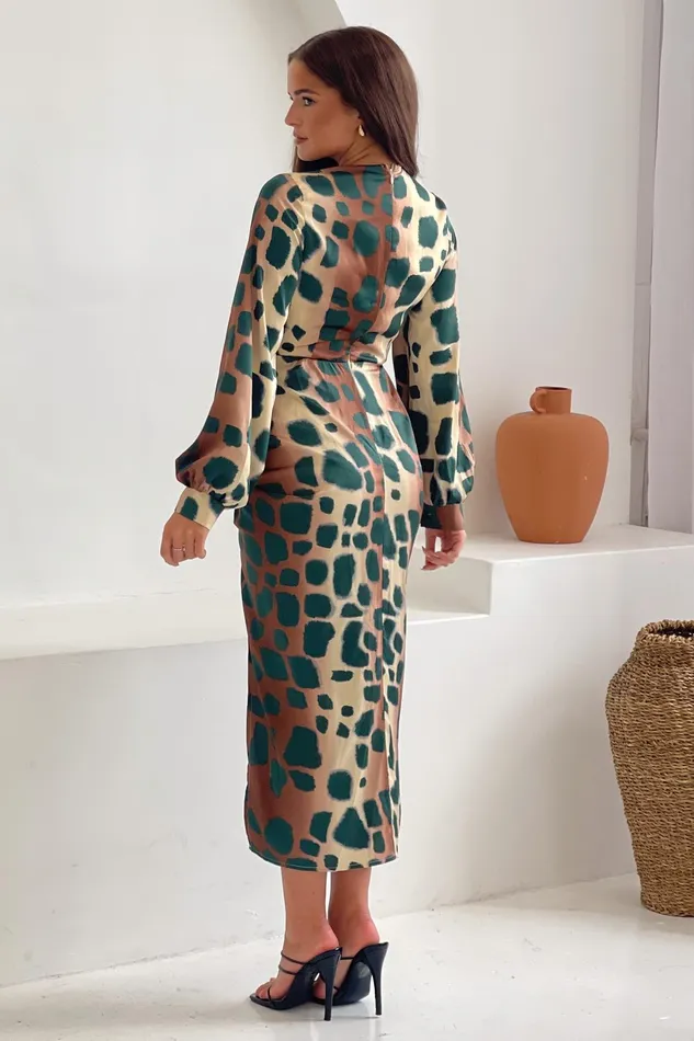 Girl In Mind Long Sleeve Dresses Inez Mixed Animal Ruched Long Sleeve Midi Dress 8211 Women