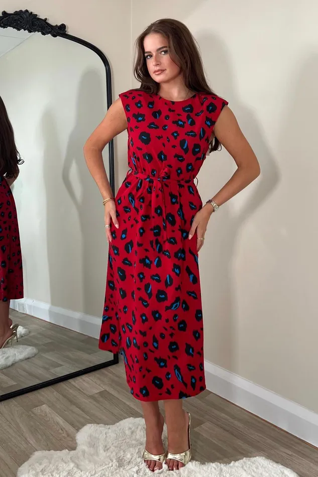 Girl In Mind Maxi Dresses Amay Red Animal Shoulder Pad Midi Dress 8211 Women