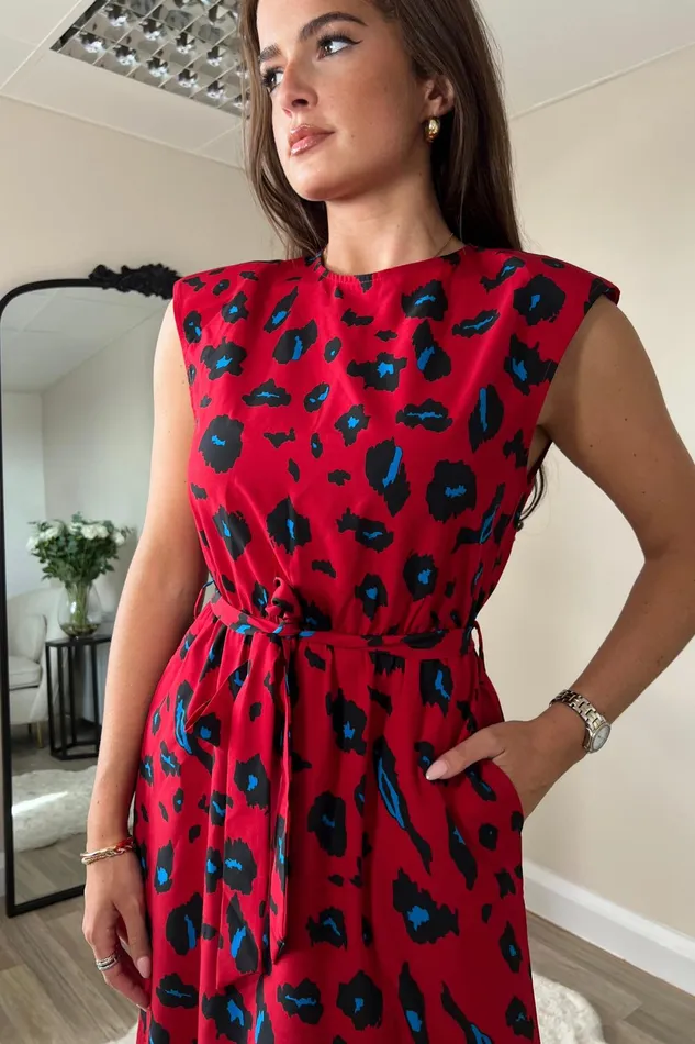 Girl In Mind Maxi Dresses Amay Red Animal Shoulder Pad Midi Dress 8211 Women