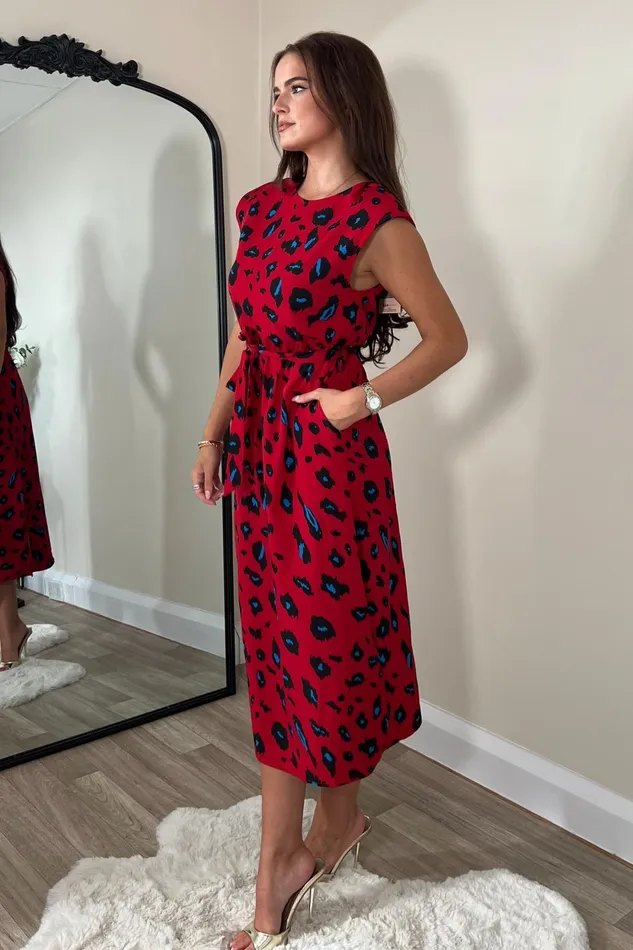 Girl In Mind Maxi Dresses Amay Red Animal Shoulder Pad Midi Dress 8211 Women