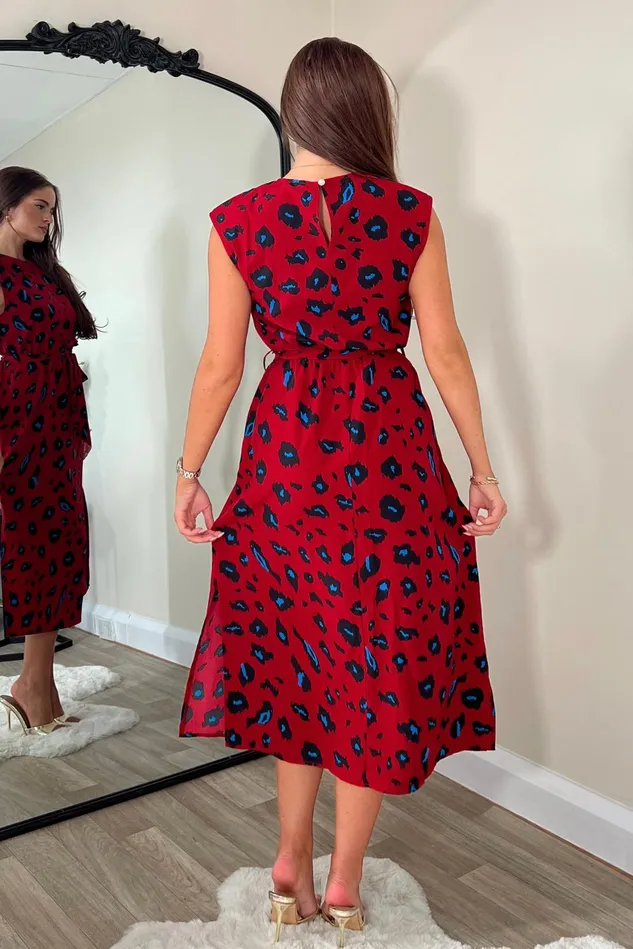 Girl In Mind Maxi Dresses Amay Red Animal Shoulder Pad Midi Dress 8211 Women