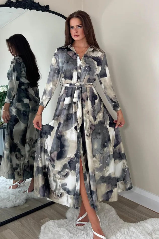 Girl In Mind Maxi Dresses Angela Grey Print Tie Shirt Maxi Dress 8211 Women