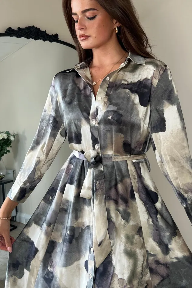 Girl In Mind Maxi Dresses Angela Grey Print Tie Shirt Maxi Dress 8211 Women