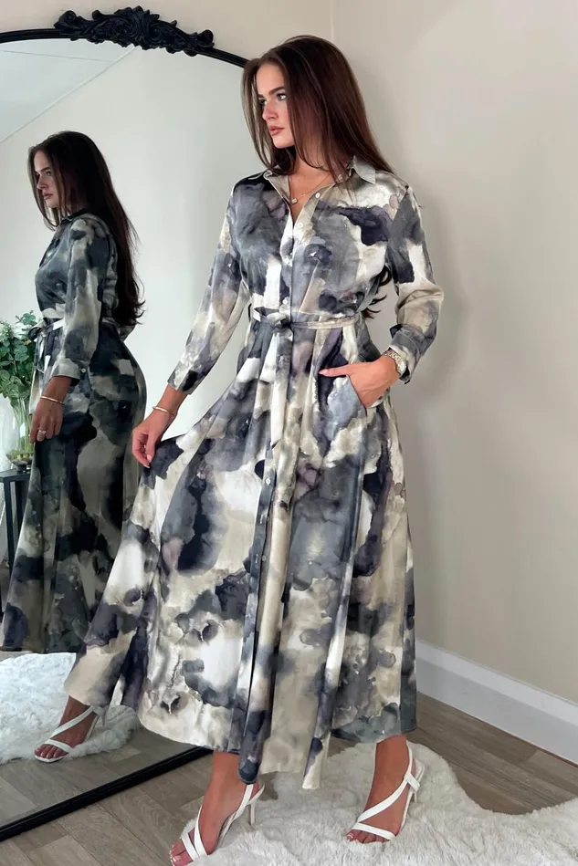 Girl In Mind Maxi Dresses Angela Grey Print Tie Shirt Maxi Dress 8211 Women
