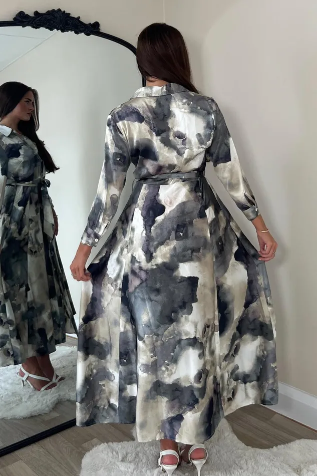 Girl In Mind Maxi Dresses Angela Grey Print Tie Shirt Maxi Dress 8211 Women