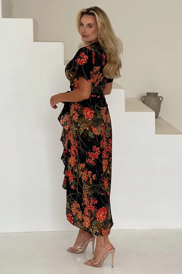 Girl In Mind Maxi Dresses Farrah Split Hem Frill Maxi Dress In Brown Floral 8211 Women