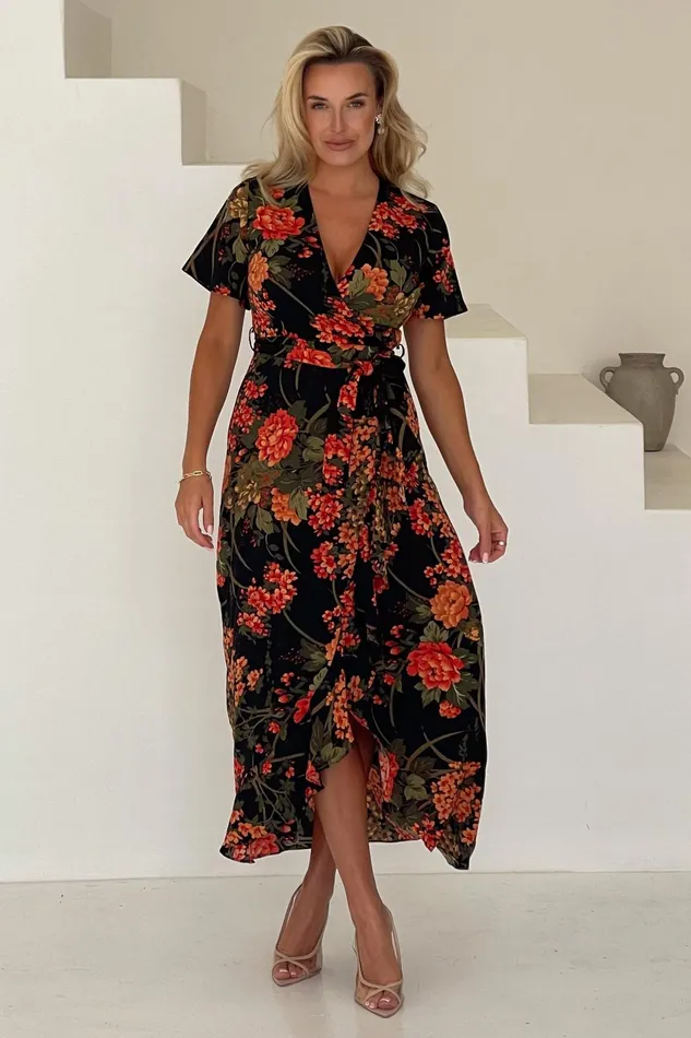 Girl In Mind Maxi Dresses Farrah Split Hem Frill Maxi Dress In Brown Floral 8211 Women