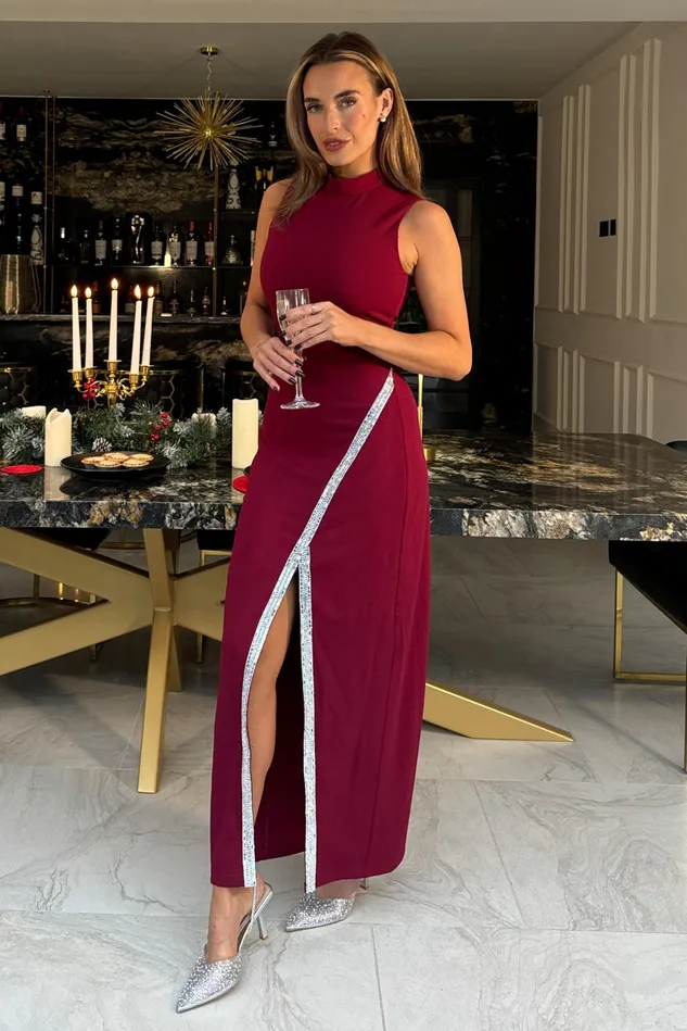 Girl In Mind Maxi Dresses Thalia High Neck Maxi With Crystal Split Detail Wine 8211 Women