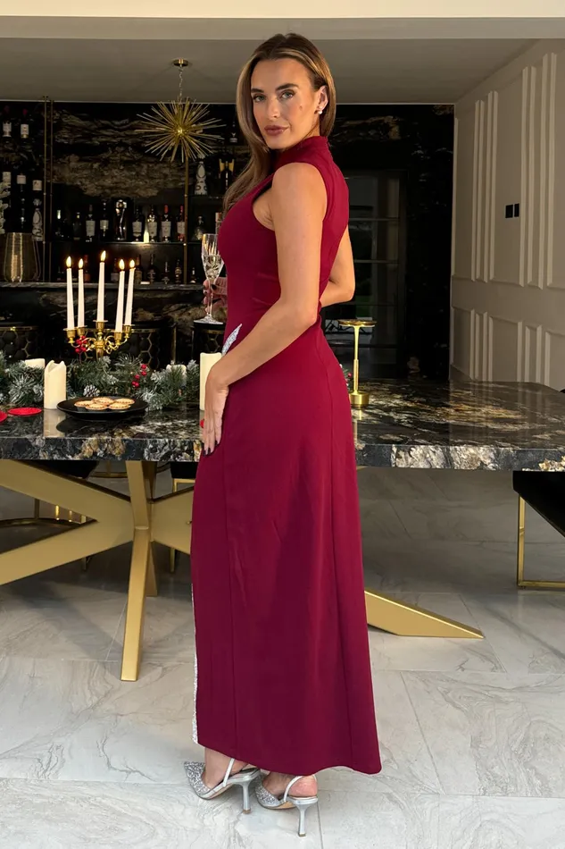 Girl In Mind Maxi Dresses Thalia High Neck Maxi With Crystal Split Detail Wine 8211 Women