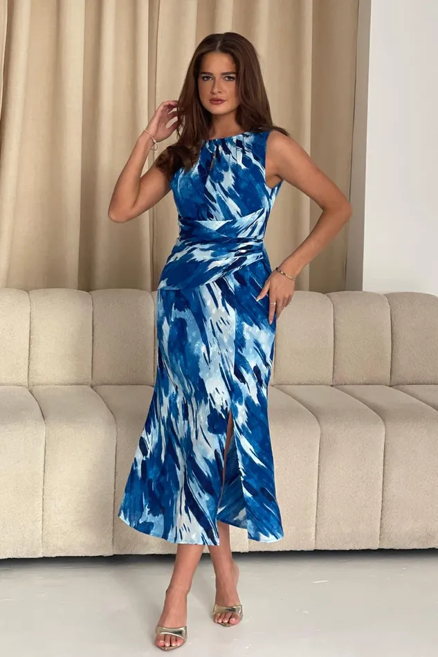 Girl In Mind Midi Dresses Bay Boat Neck Keyhole Detail Midi Dress Blue Burnout 8211 Women