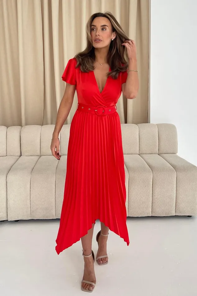 Girl In Mind Midi Dresses Brooklyn Asymmetric Pleated Skirt Belted Midi Dress Red 8211 Women Girl In Mind Midi Dresses Brooklyn Asymmetric Pleated Skirt Belted Midi Dress Red 8211 Women