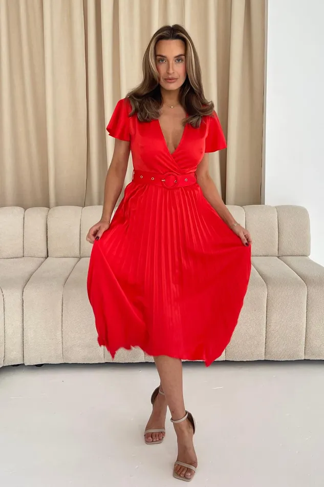 Girl In Mind Midi Dresses Brooklyn Asymmetric Pleated Skirt Belted Midi Dress Red 8211 Women