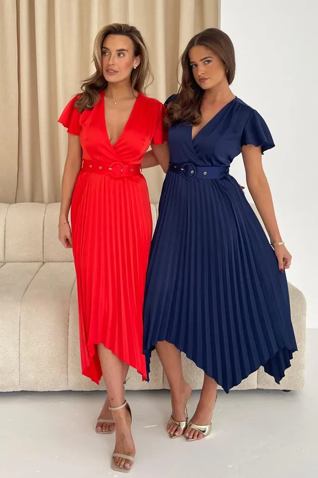 Girl In Mind Midi Dresses Brooklyn Asymmetric Pleated Skirt Belted Midi Dress Red 8211 Women