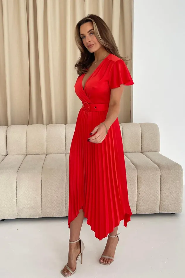 Girl In Mind Midi Dresses Brooklyn Asymmetric Pleated Skirt Belted Midi Dress Red 8211 Women