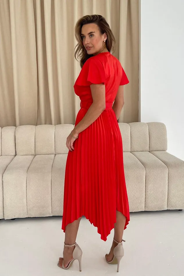 Girl In Mind Midi Dresses Brooklyn Asymmetric Pleated Skirt Belted Midi Dress Red 8211 Women
