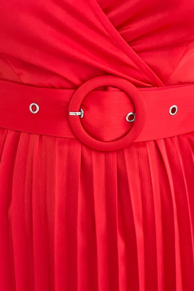 Girl In Mind Midi Dresses Brooklyn Asymmetric Pleated Skirt Belted Midi Dress Red 8211 Women